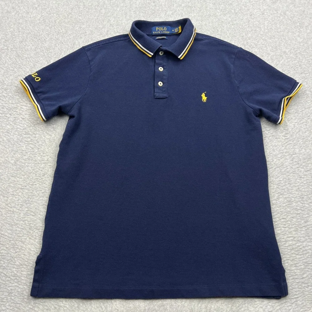 Polo Ralph Lauren Pique Shirt Mens Medium Blue Custom Slim Fit Knit Tipped Trim